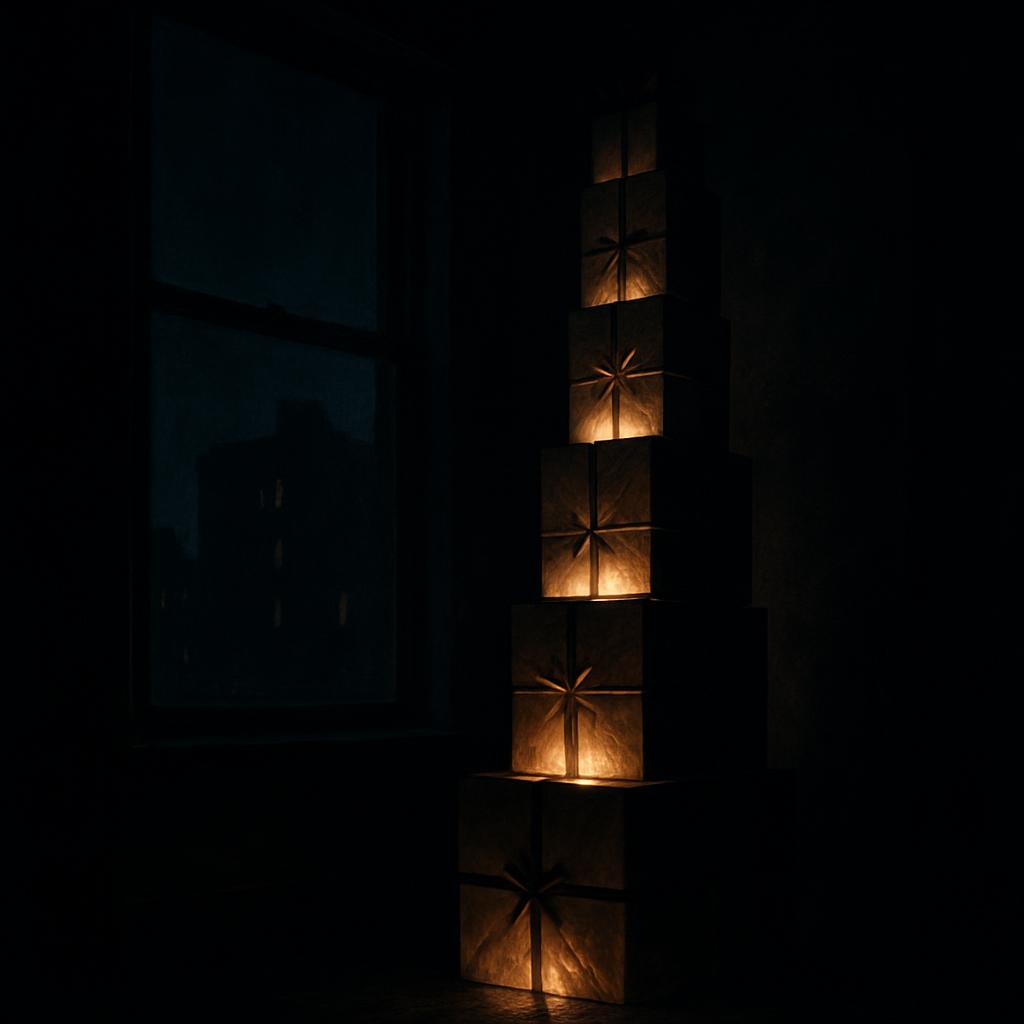 A stack of presents with bows, illuminated from below, against a dark background.