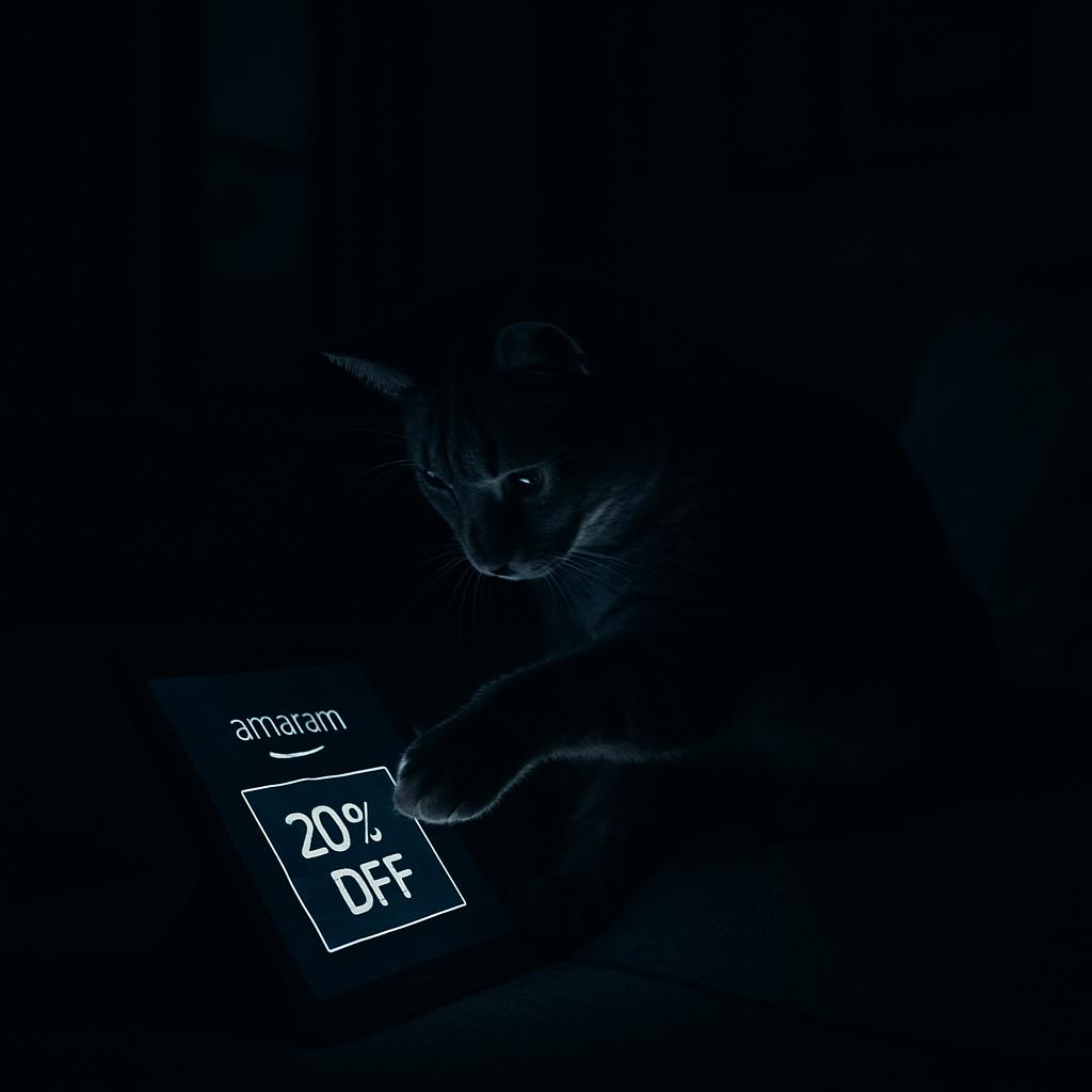 The cat sits in the dark next to a card reading, "20% OFF" in the style of Amazon.