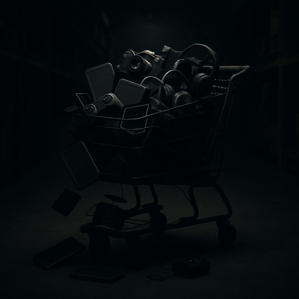 A shopping cart filled with various electronic devices and accessories, casting a shadow on a dark background.